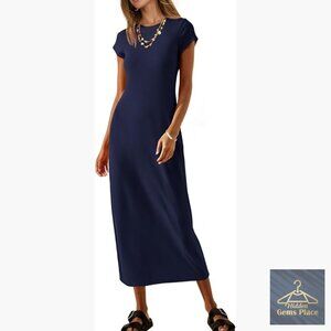 Summer Casual T-Shirt Dress Short Sleeve Crew Neck Maxi Beach Dress